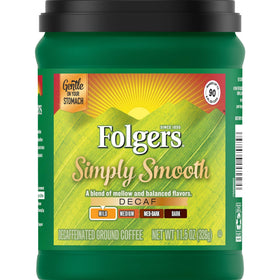 Folgers Simply Smooth Decaf bottle with mellow roast ready for brewing.