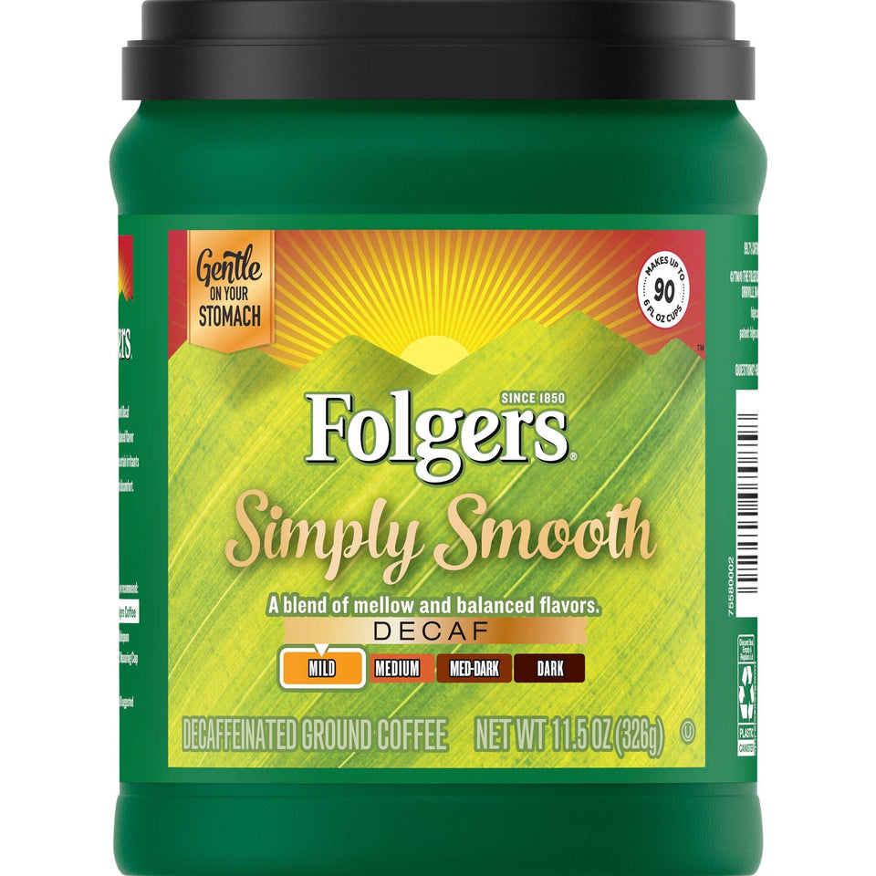 Folgers Simply Smooth Decaf bottle with mellow roast ready for brewing.
