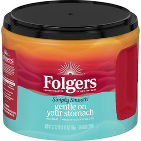 Folgers Simply Smooth canister front view showing easy-to-use packaging for daily brewing.