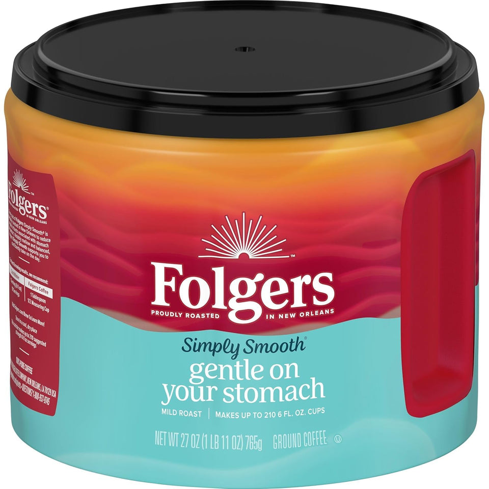 Folgers Simply Smooth canister front view showing easy-to-use packaging for daily brewing.
