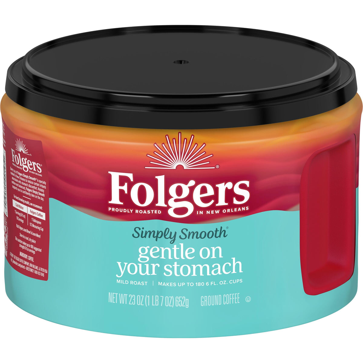 Folgers Simply Smooth mild roast canister front view highlighting gentle flavor for easy mornings.