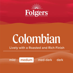 Folgers single-serve pods near a hot button-ready brewer.