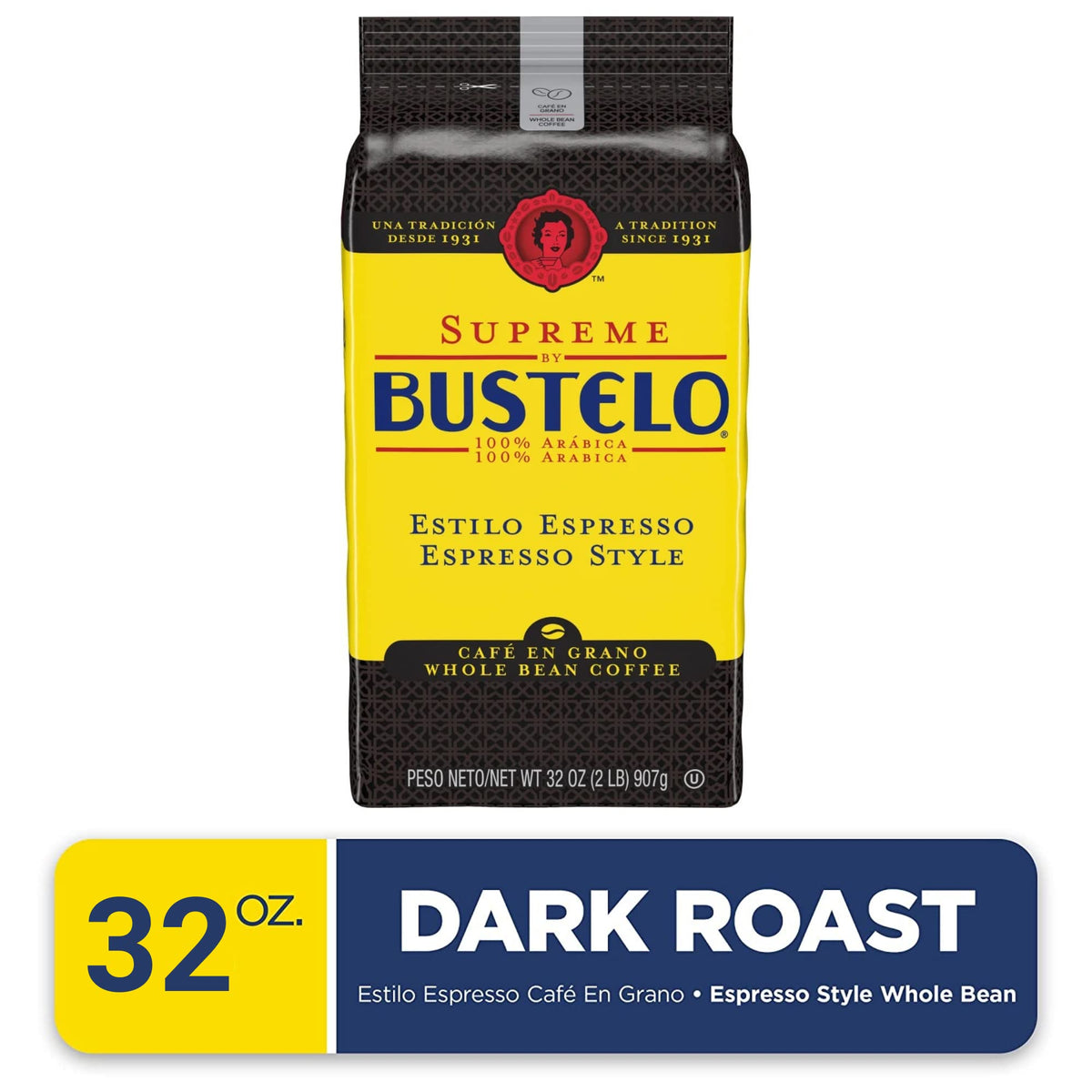 Close-up of the Folgers Supreme Bustelo espresso-style coffee bag highlighting rich aroma.