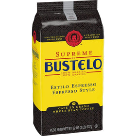 Folgers Supreme Bustelo espresso-style coffee beans in a 32 oz bag for bold mornings.