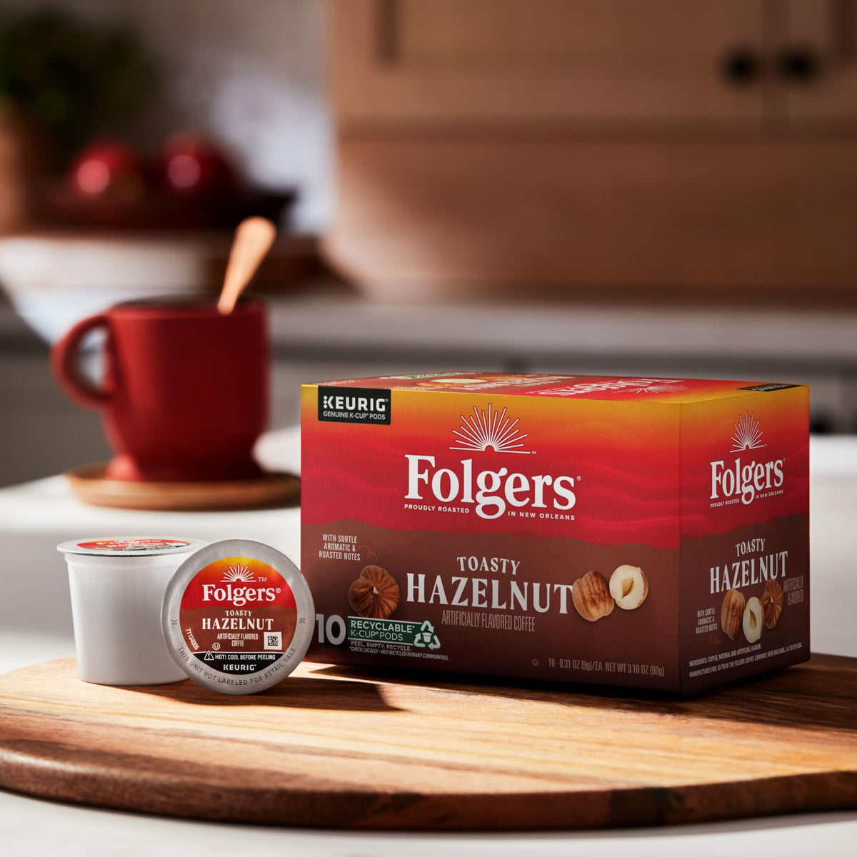 Folgers Toasty Hazelnut cup with creamer, showing customizable flavor for taste.