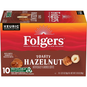 Folgers Toasty Hazelnut K-Cup pod front view for quick, flavorful mornings.