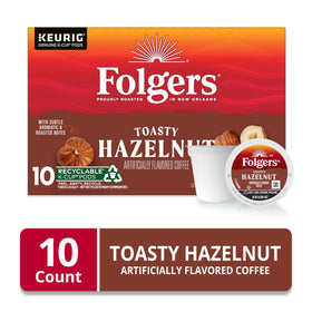 Folgers Toasty Hazelnut K-Cup pod pack, convenient 10-count box for busy days.