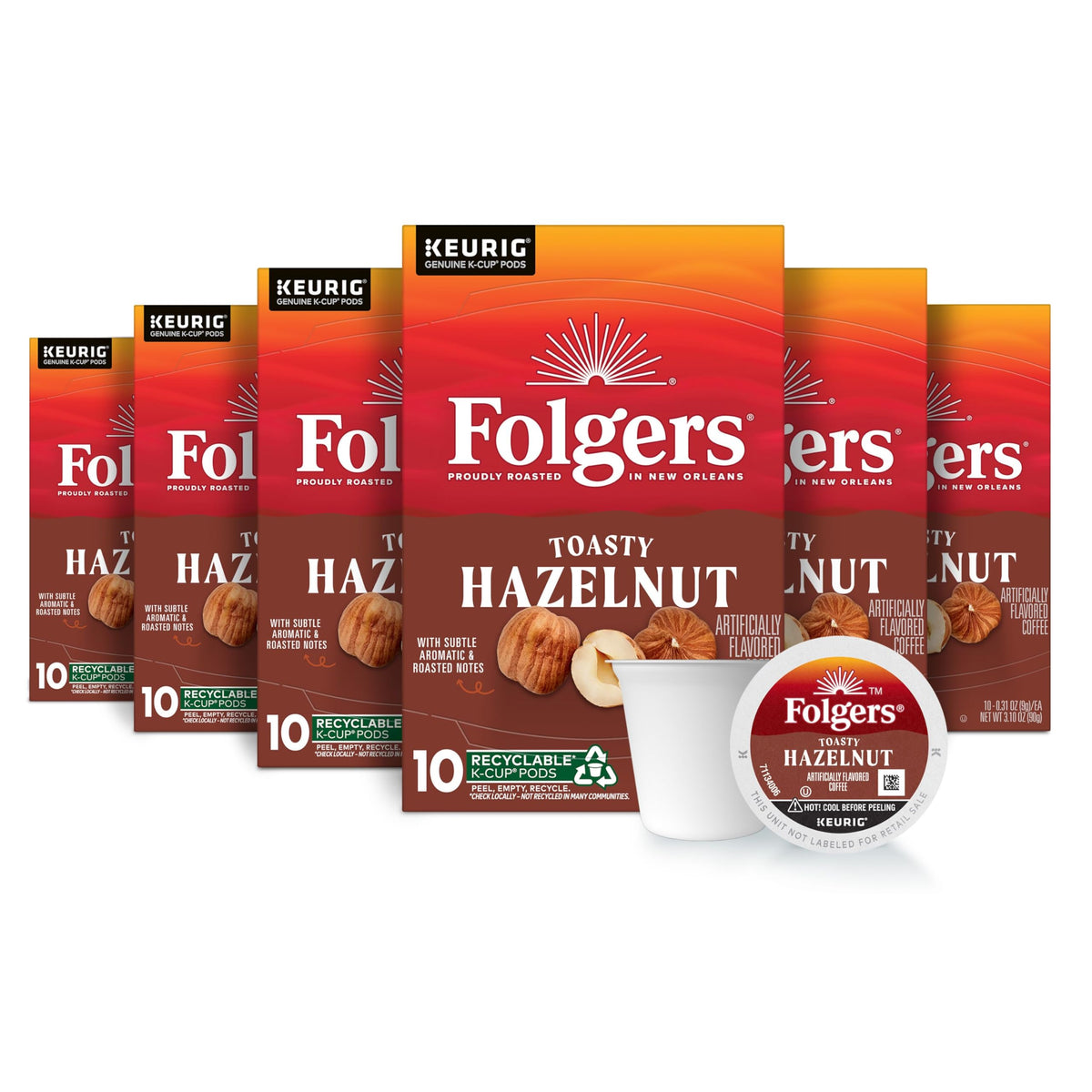 Folgers Toasty Hazelnut K-Cup pods box for quick morning brews
