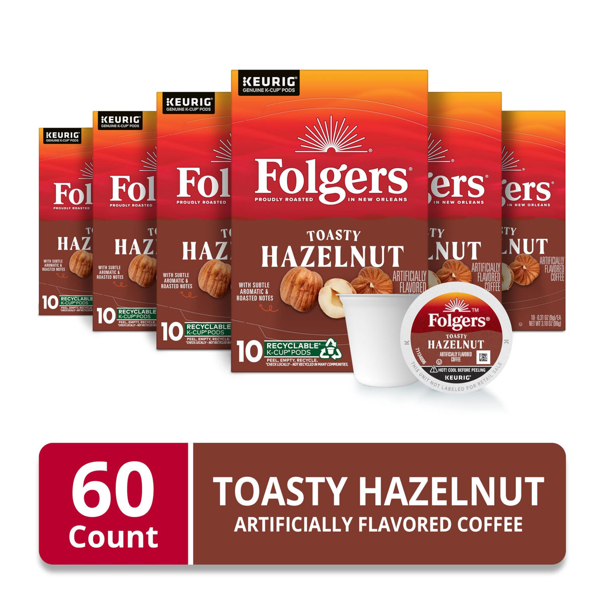 Close-up of Folgers Toasty Hazelnut K-Cup capsules with inviting aroma