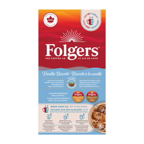 Open box of Folgers Vanilla Biscotti K-Cups with pods visible for fast prep.