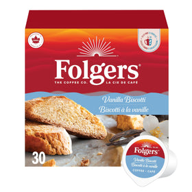 Folgers Vanilla Biscotti K-Cups box ready for a quick morning brew.