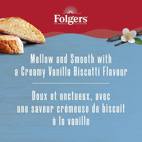 Close-up of Folgers Vanilla Biscotti K-Cups packaging for convenient single-serve flavor.