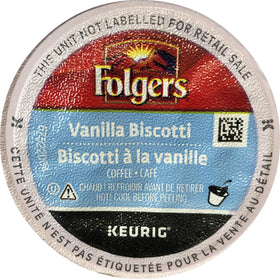 Folgers Vanilla Biscotti K-Cup pod for Keurig brewers; convenient single-serve coffee.