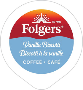 Stacked Folgers Vanilla Biscotti K-Cups beside a coffee setup for easy access.