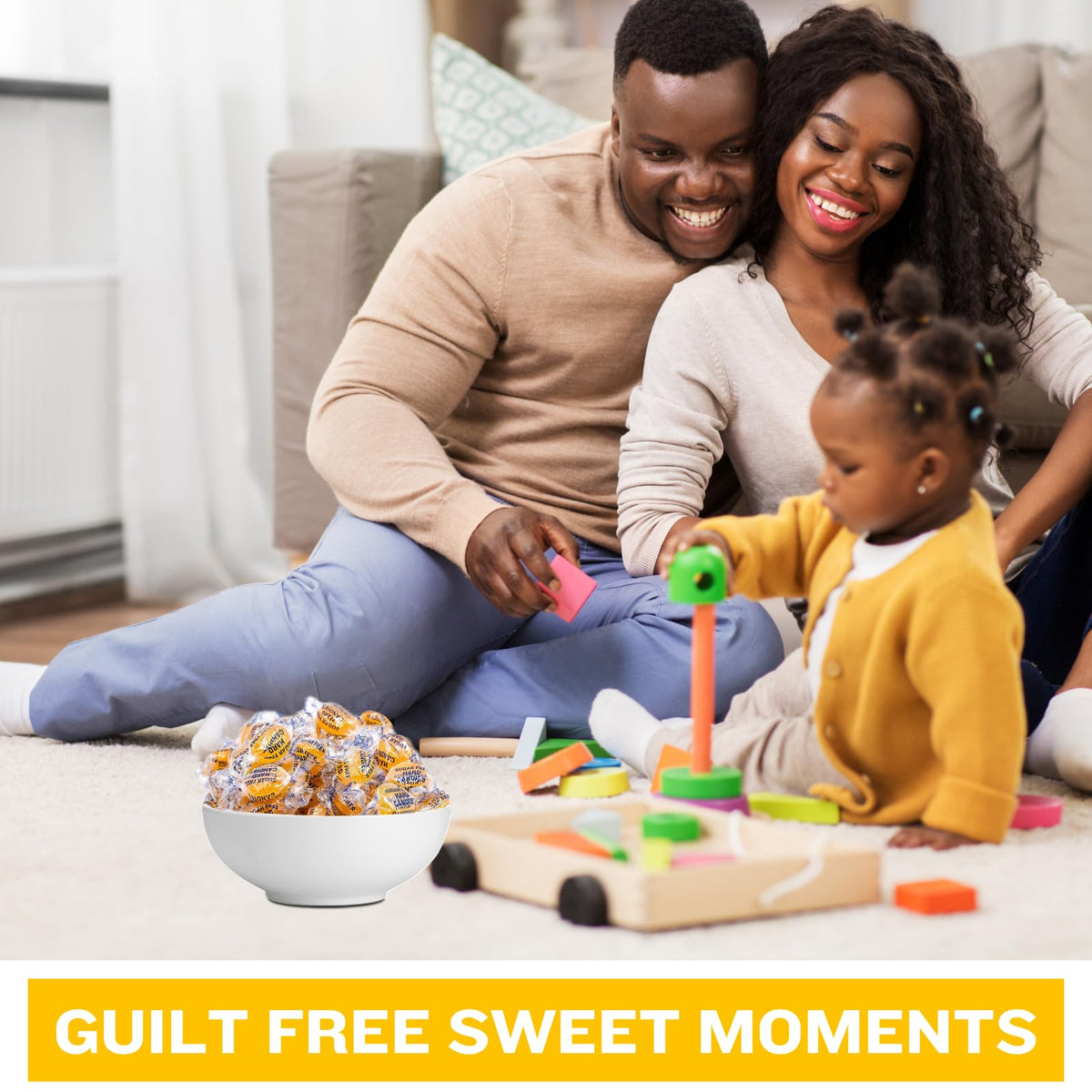 FolksField sugar-free butterscotch candies shown on a wooden surface.