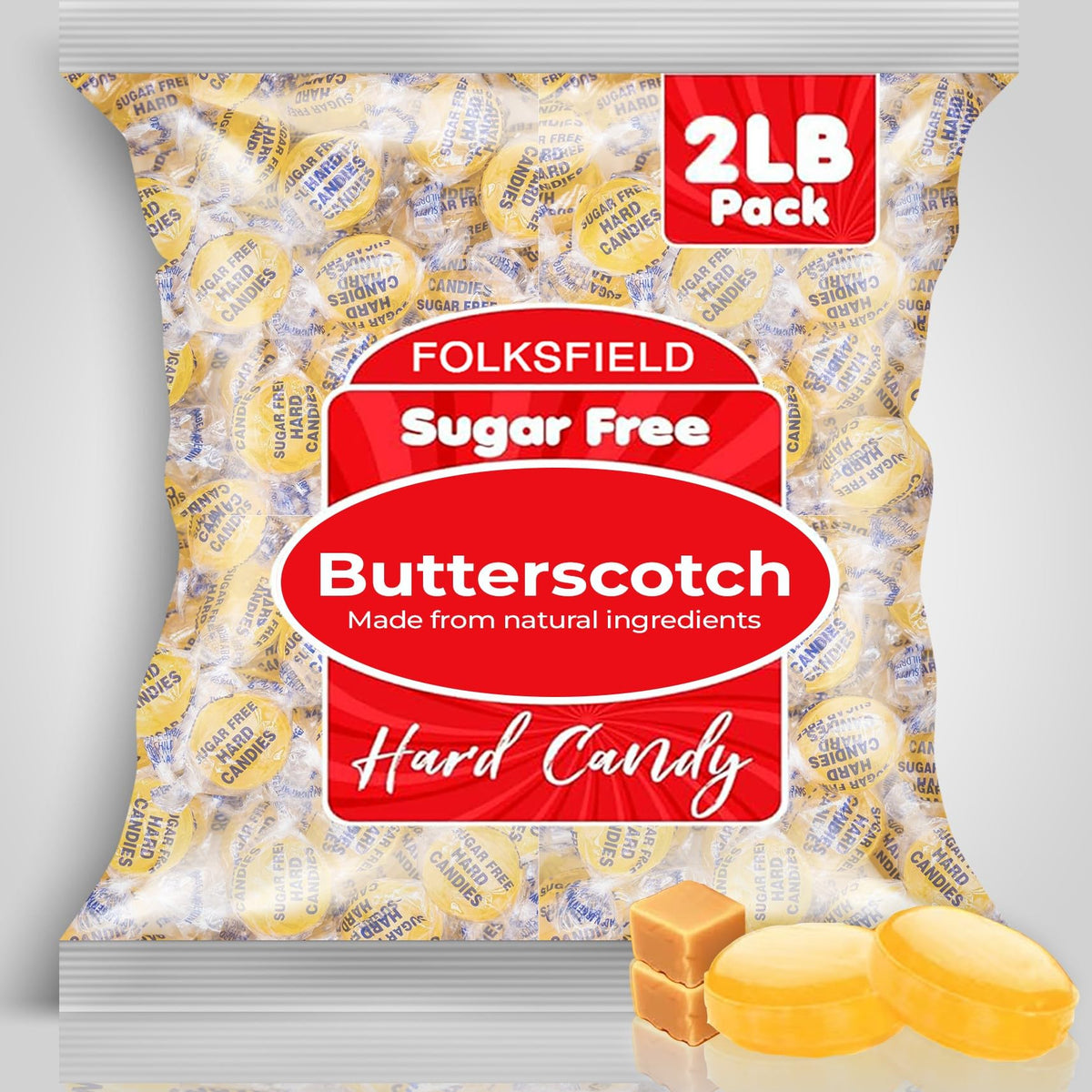 Ingredients label on FolksField sugar-free butterscotch candies highlights flavor.