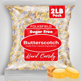 Ingredients label on FolksField sugar-free butterscotch candies highlights flavor.