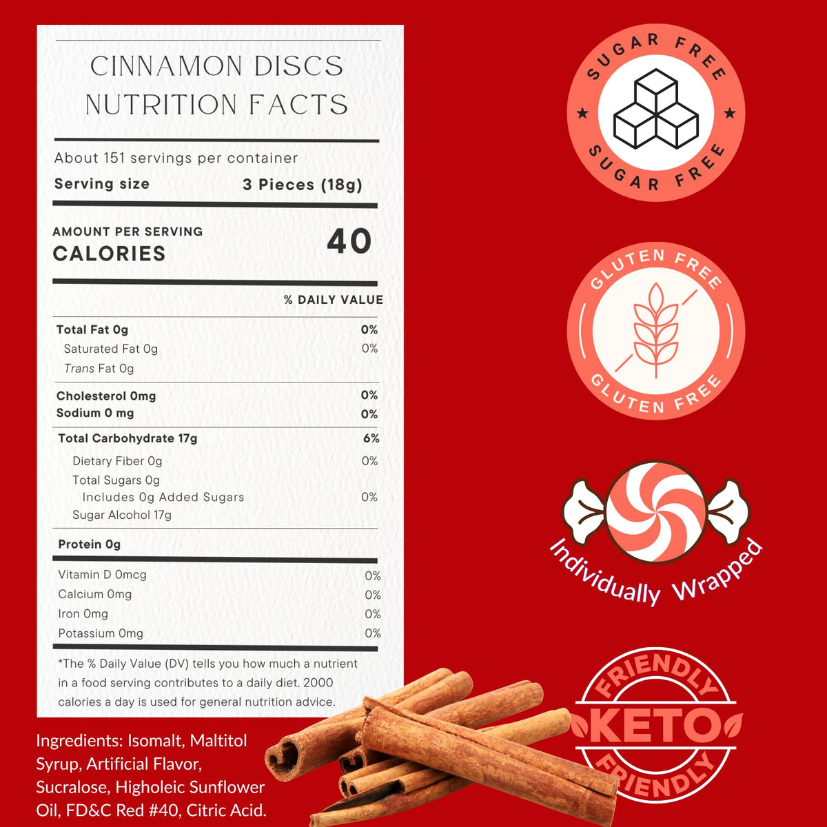 Closeup of FolksField sugar free cinnamon candies texture and glossy shell.
