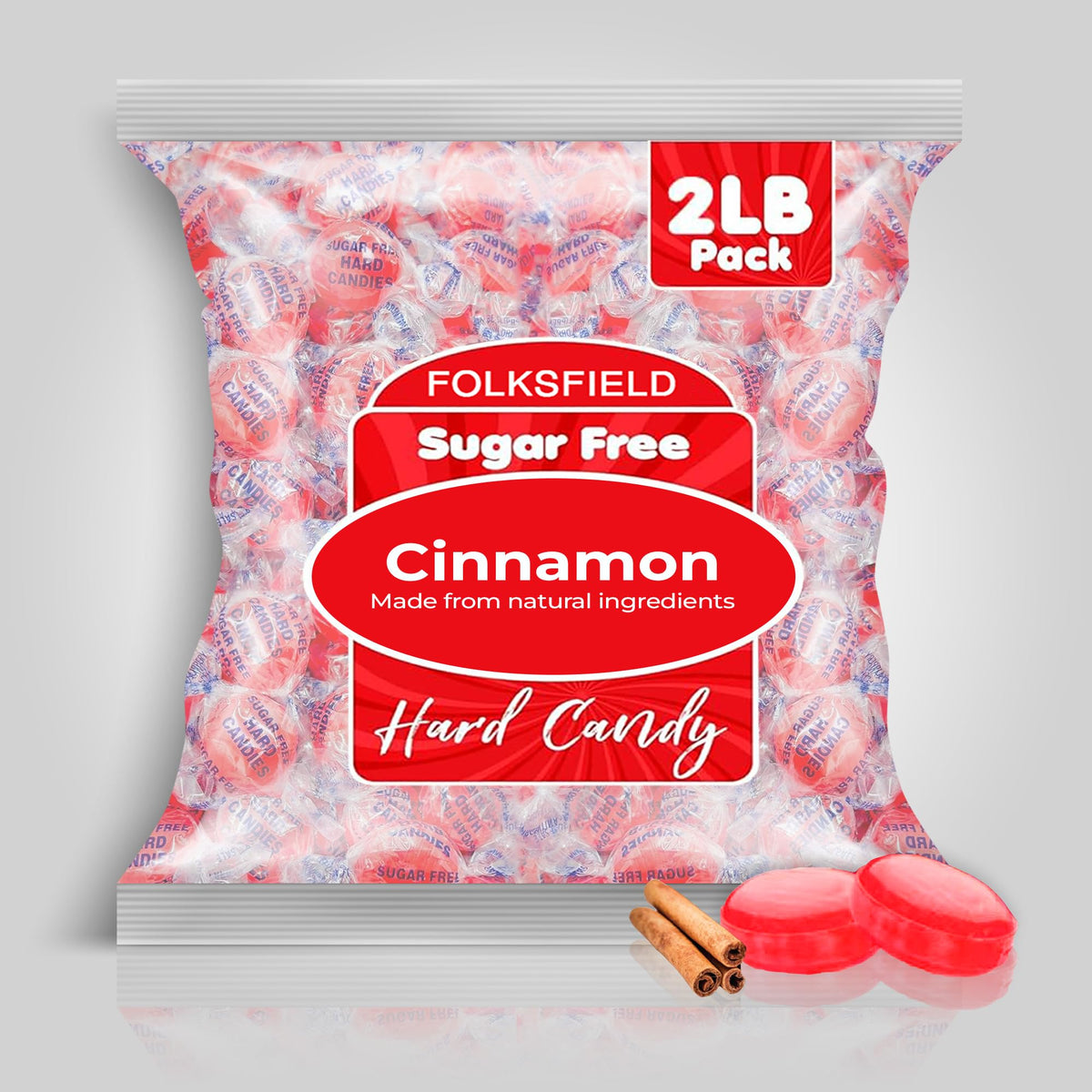 Ingredients list for FolksField sugar free cinnamon candies emphasizing sugar-free formula.