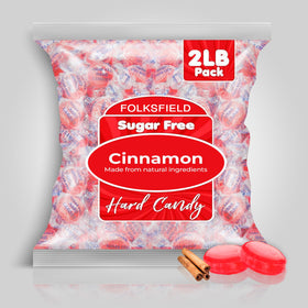 Ingredients list for FolksField sugar free cinnamon candies emphasizing sugar-free formula.