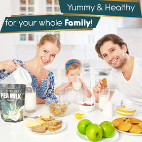 Folona shelf-stable pea milk powder on pantry shelf.