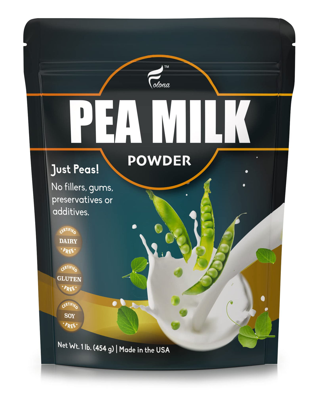 Folona unsweetened pea milk powder package, shelf-stable vegan dairy alternative.
