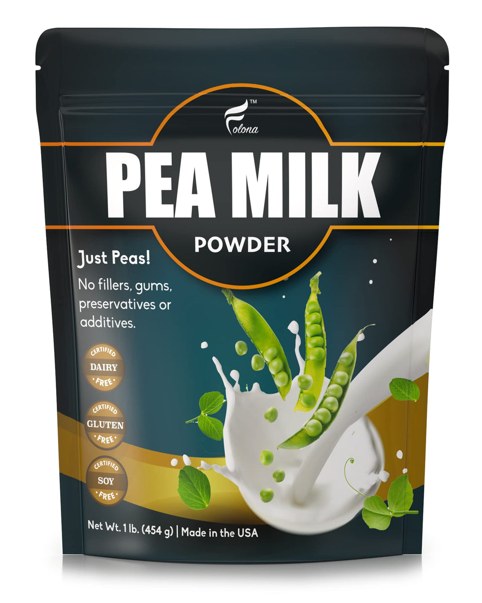 Folona unsweetened pea milk powder package, shelf-stable vegan dairy alternative.