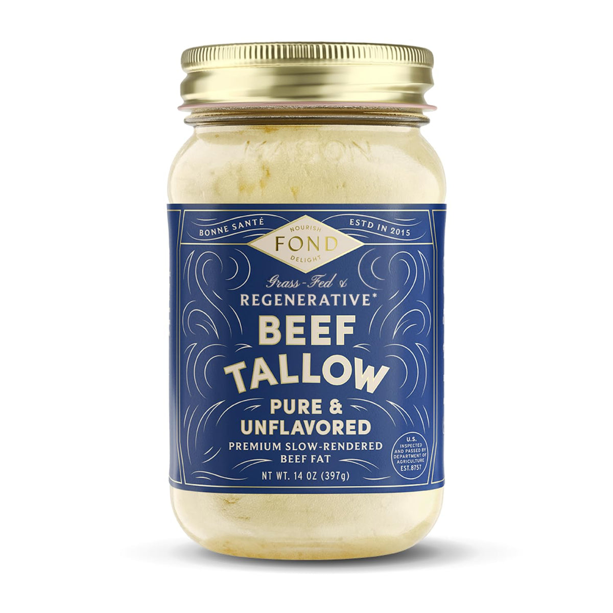 Fond Nourish Delight beef tallow in a glass jar showcases purity for frying, roasting, and baking