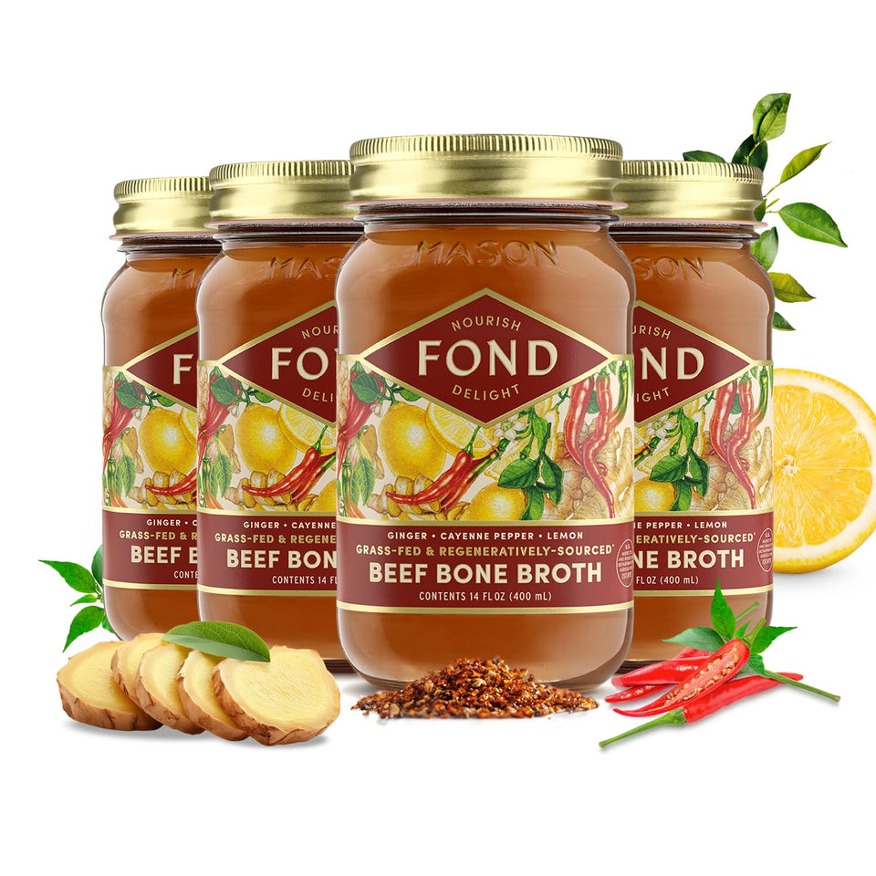 FOND Nourish Delight bone broth bottle with ginger cayenne for bold warming sips