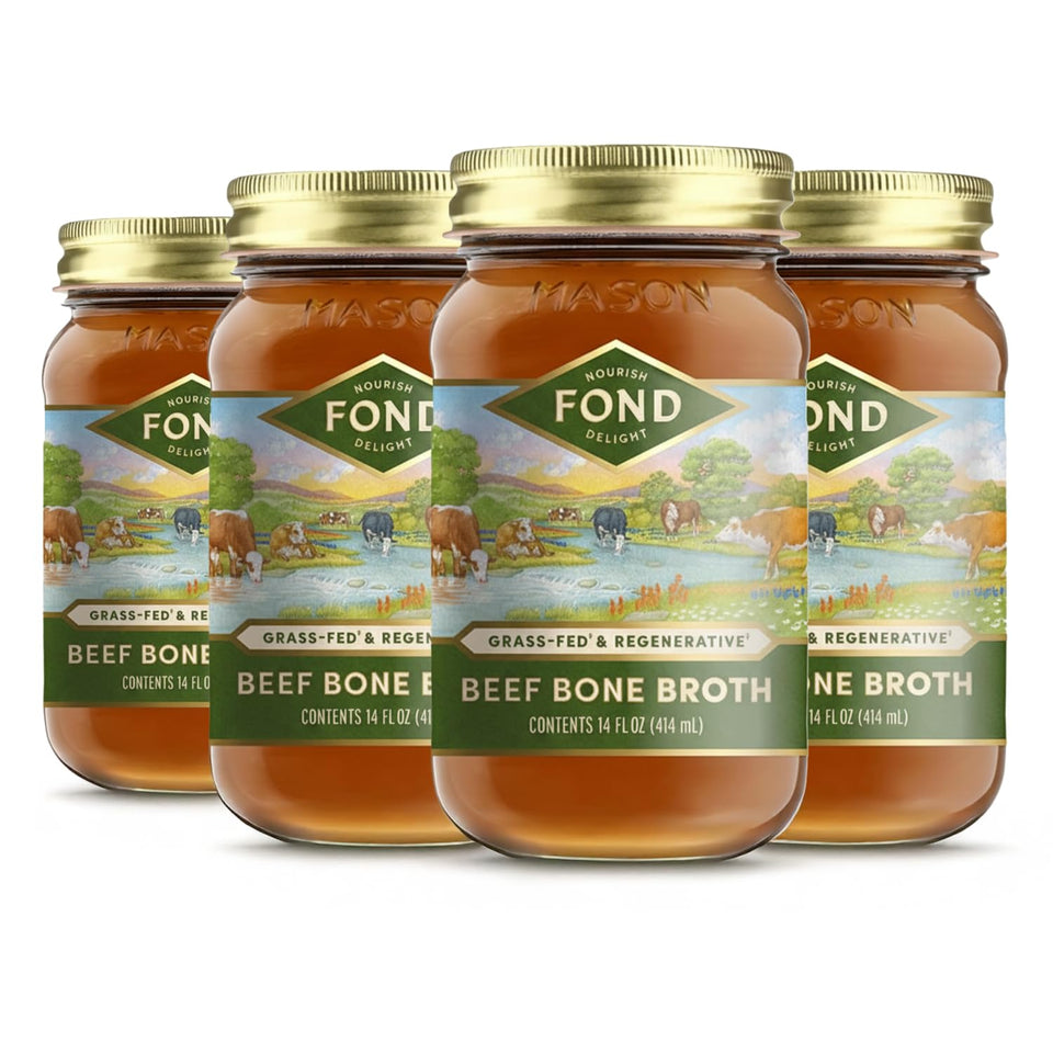 Fond Nourish Delight bottle of pure beef bone broth, ideal for sipping or base in recipes.