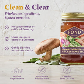 Fond Nourish Delight broth shows a gelled, nutrient-dense surface from slow simmer.