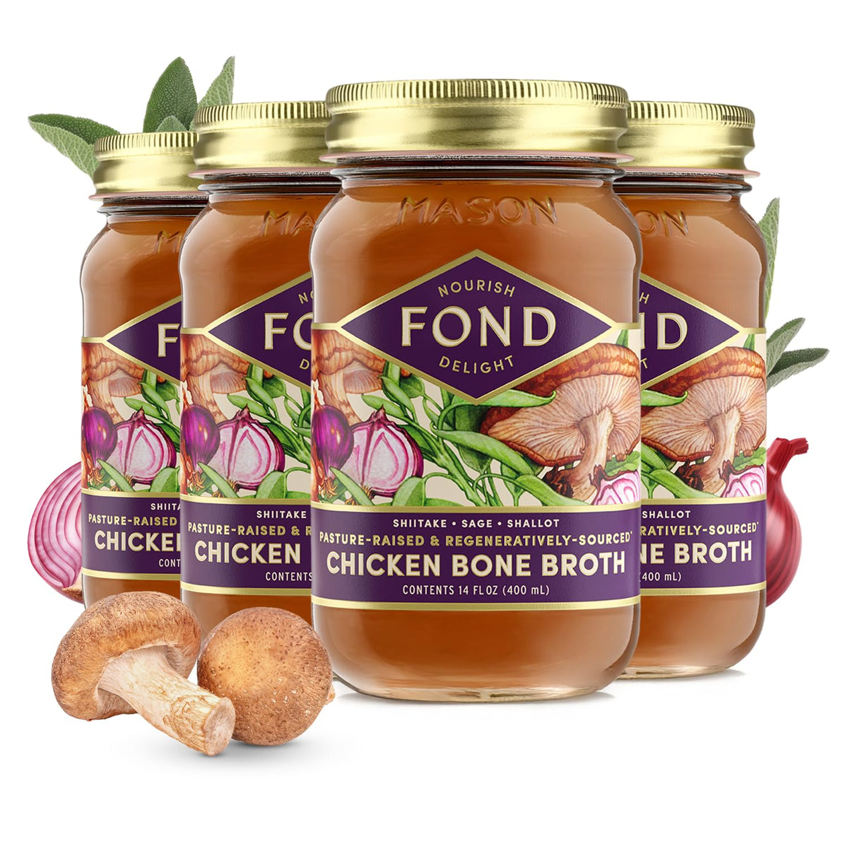 Fond Nourish Delight broth bottle infused with shiitake and sage for rich flavor.