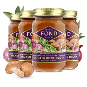 Fond Nourish Delight broth bottle infused with shiitake and sage for rich flavor.