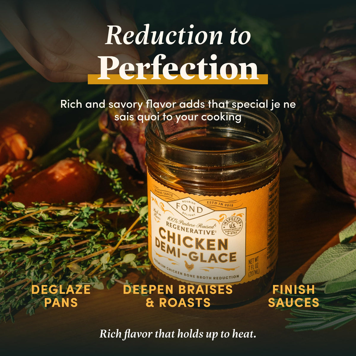 Close-up of Fond Nourish Delight organic aromatics in demi glace.