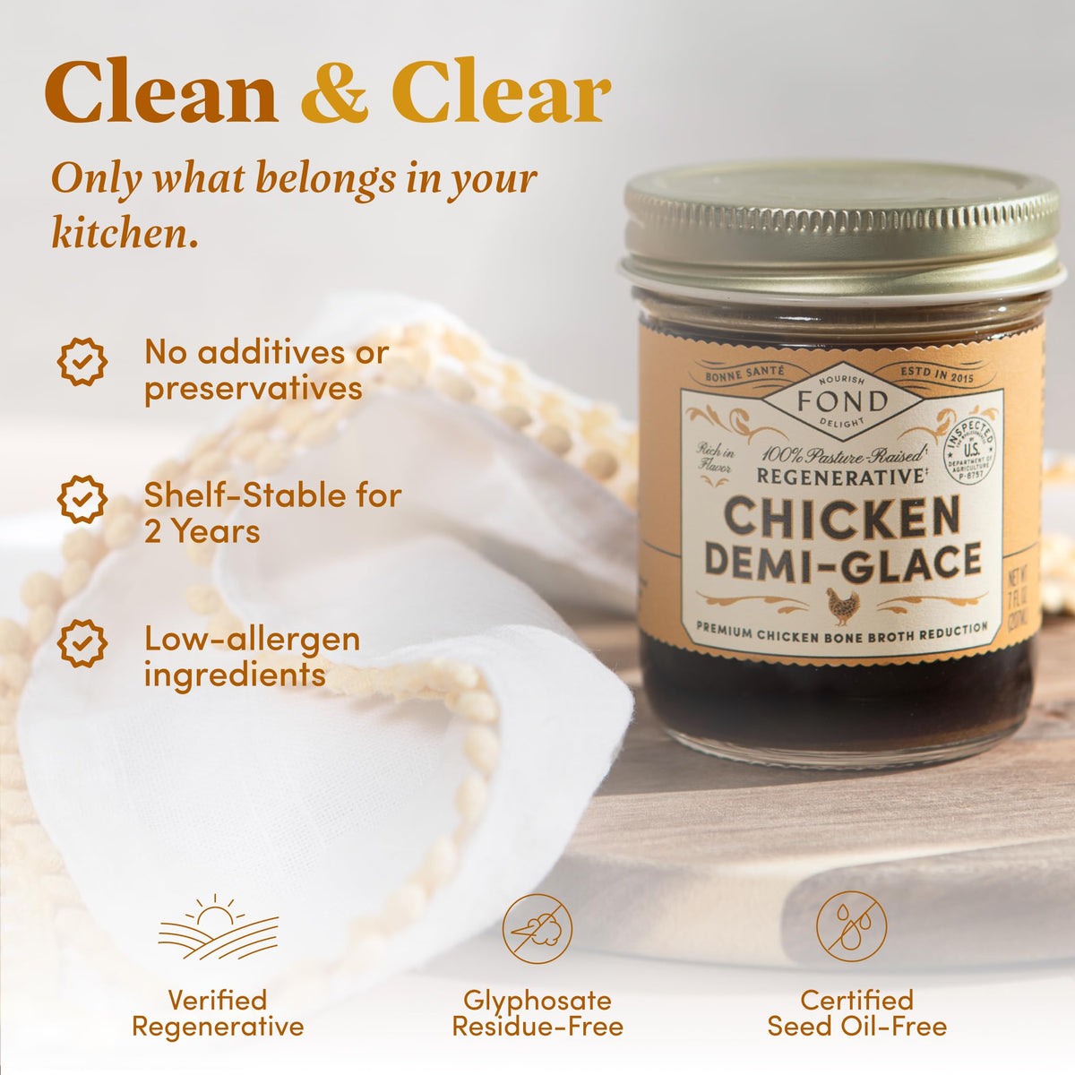 Shelf-stable USA-made demi glace on pantry shelf.
