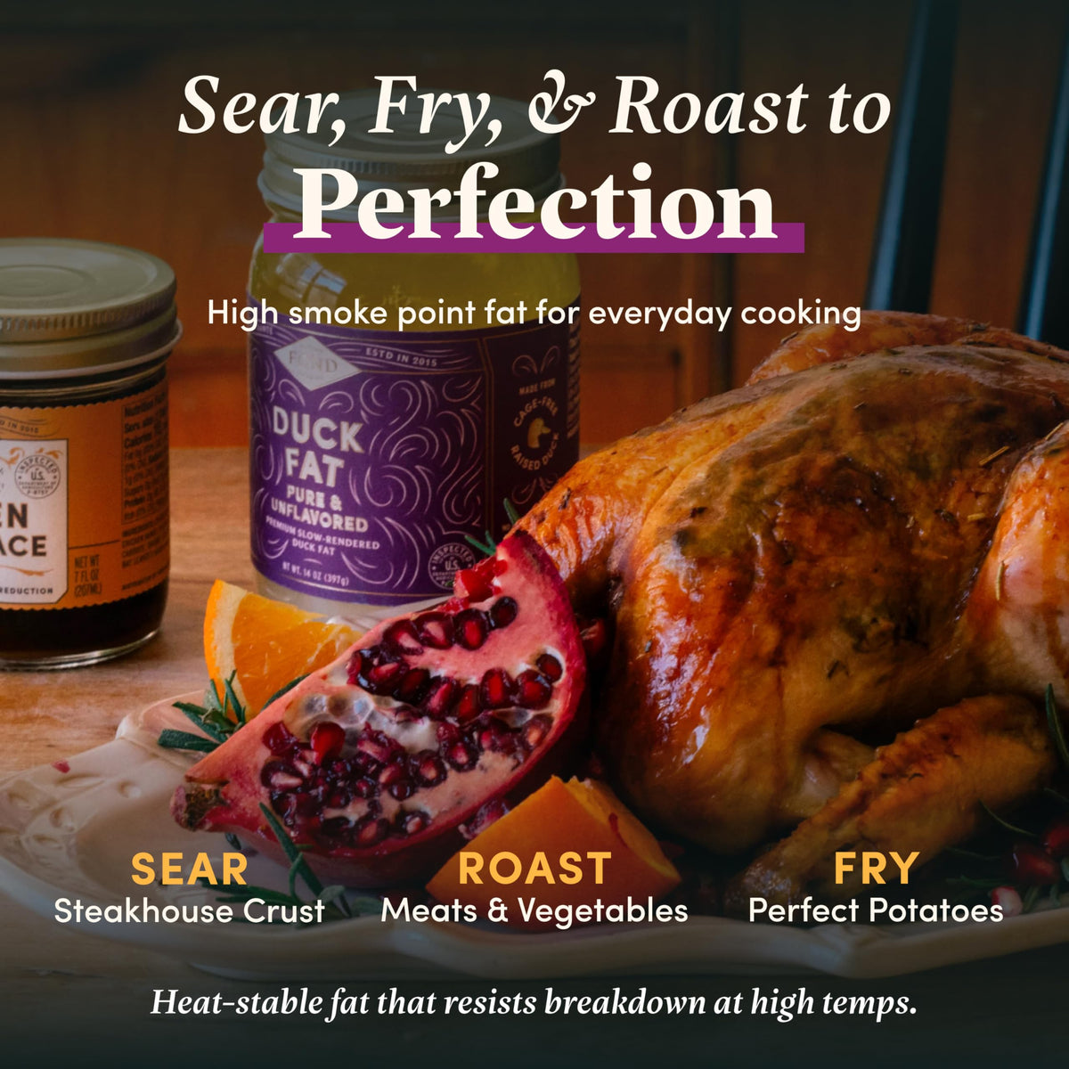 Fond Nourish Delight duck fat sizzle shows crispy sear and rich flavor.