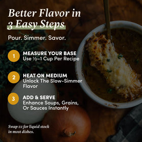 Fond Nourish Delight soup base in a bowl, elevating vegetables and grains.