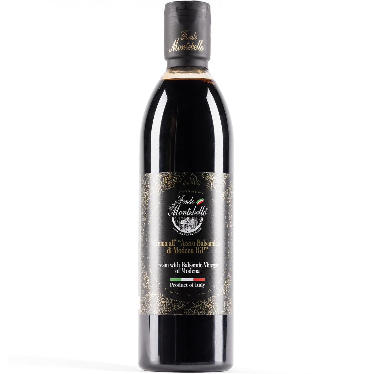 Fondo Montebello aged balsamic glaze bottle pouring a glossy salad topping