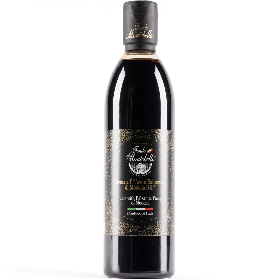 Fondo Montebello aged balsamic glaze bottle pouring a glossy salad topping