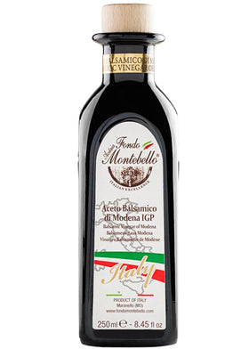 Fondo Montebello balsamic bottle highlighting rich Italian flavor for salads