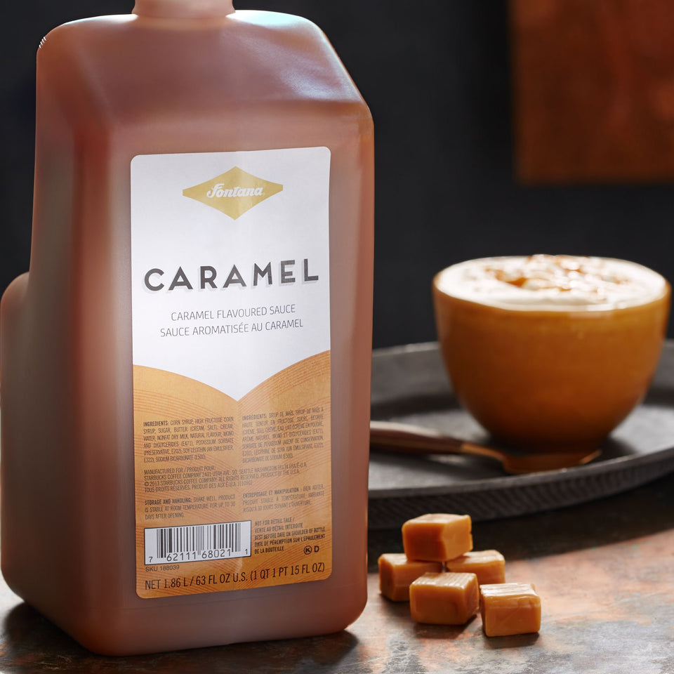 Fontana caramel sauce bottle with pump for easy coffee topping and dessert drizzle.