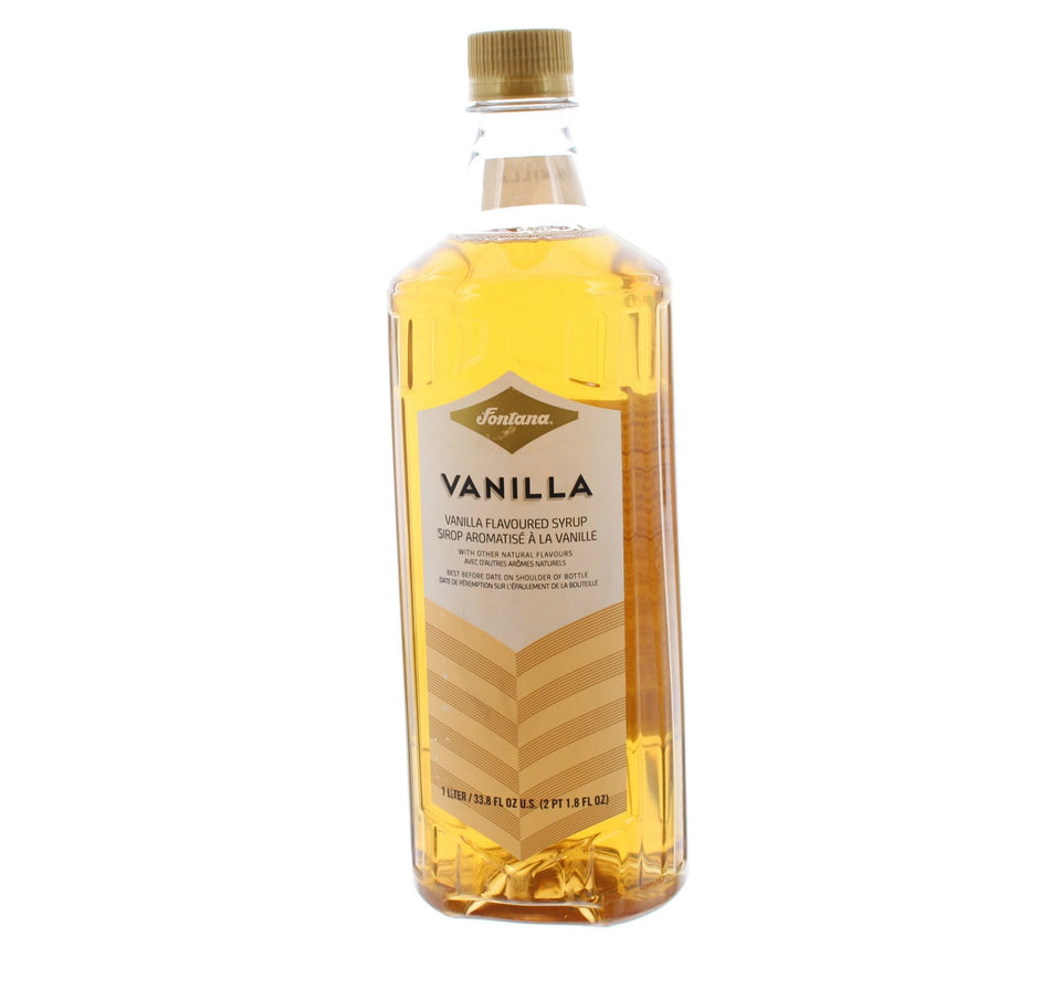 Fontana vanilla coffee syrup bottle enhances lattes with rich vanilla flavor.