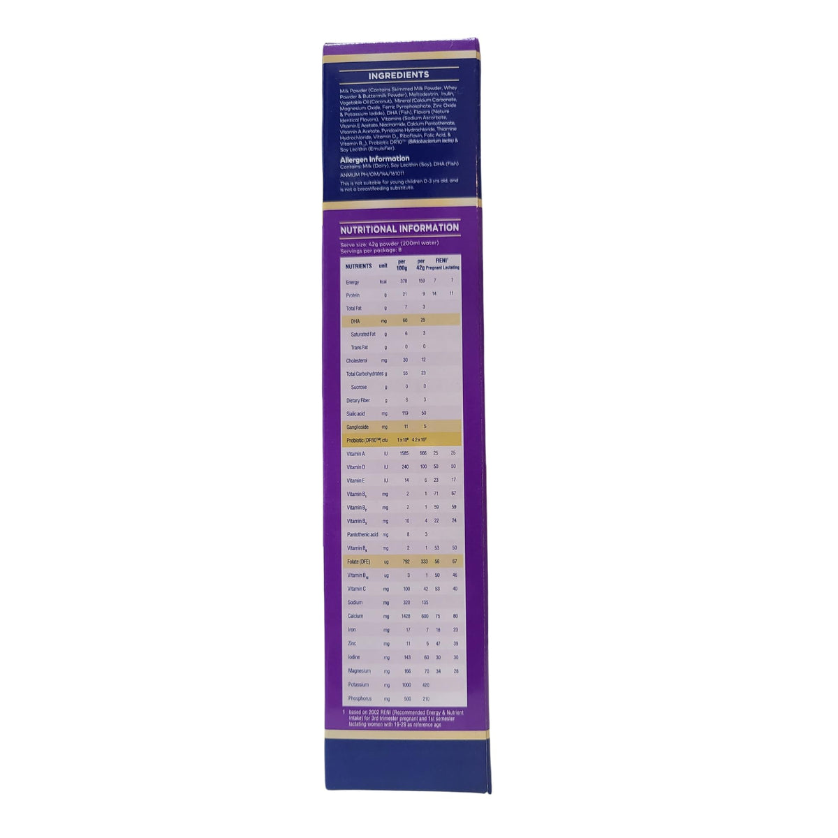 Anmum Materna nutrition label close-up highlights essential vitamins for daily intake
