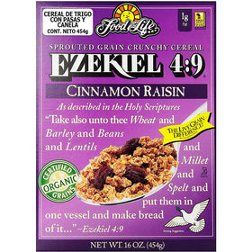 Food for Life Ezekiel 4:9 Cinnamon Raisin cereal box highlights organic sprouted grains for a wholesome breakfast.