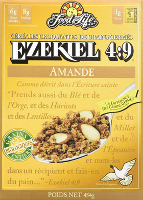Food for Life Ezekiel almond cereal bowl with fruit, protein-rich morning meal.