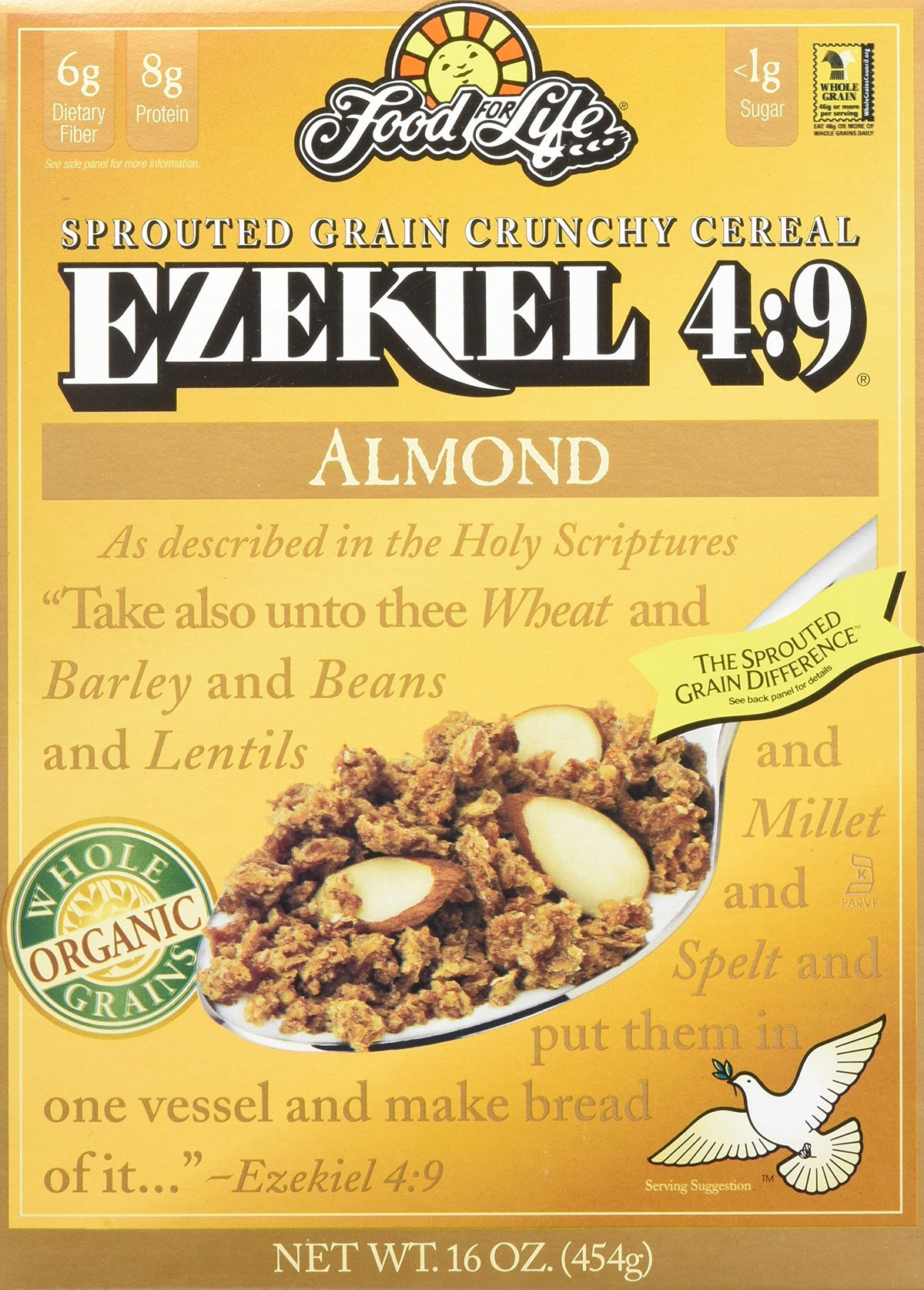 Food for Life Ezekiel almond cereal in a bowl, crunchy breakfast option with complete protein.
