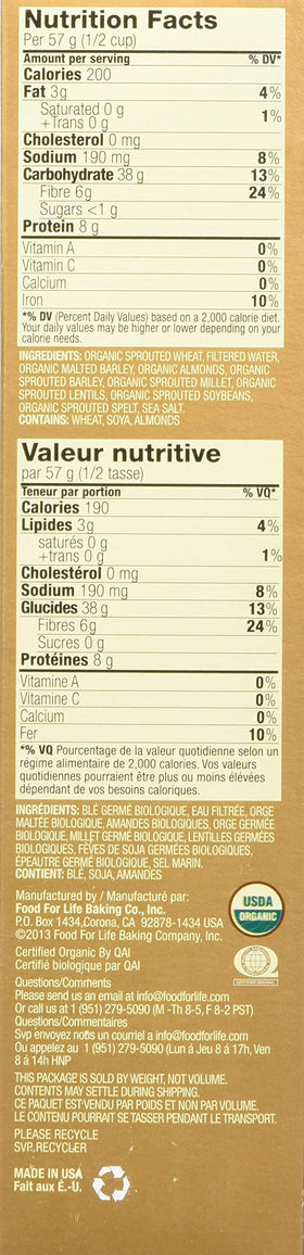 Food for Life Ezekiel grains close-up, sprouted texture and natural fiber.