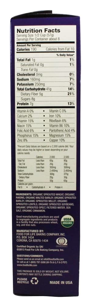 Food for Life Ezekiel Cinnamon Raisin cereal ingredients highlight organic sprouted grains.