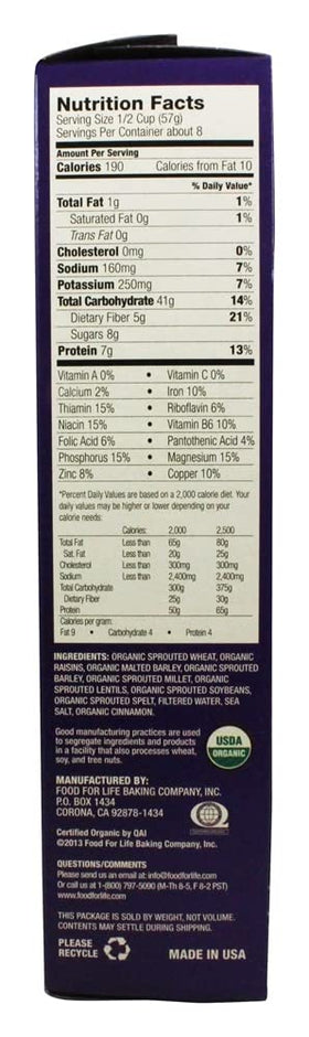 Food for Life Ezekiel Cinnamon Raisin cereal ingredients highlight organic sprouted grains.