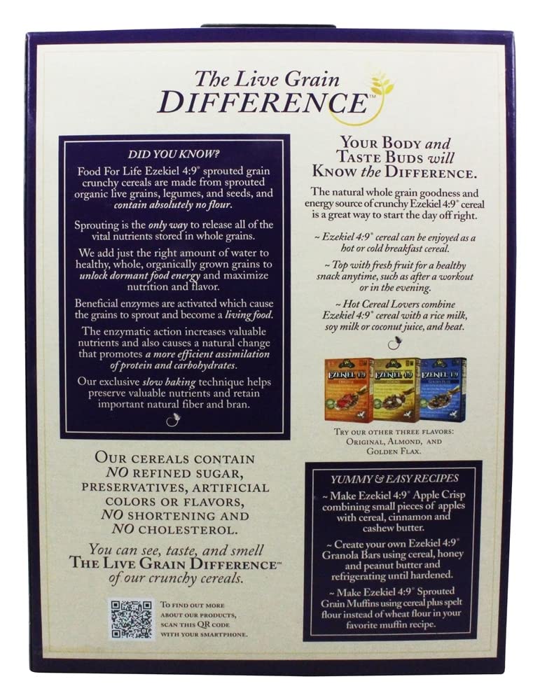 Food for Life Ezekiel Cinnamon Raisin cereal packaging case of 6 on shelf.
